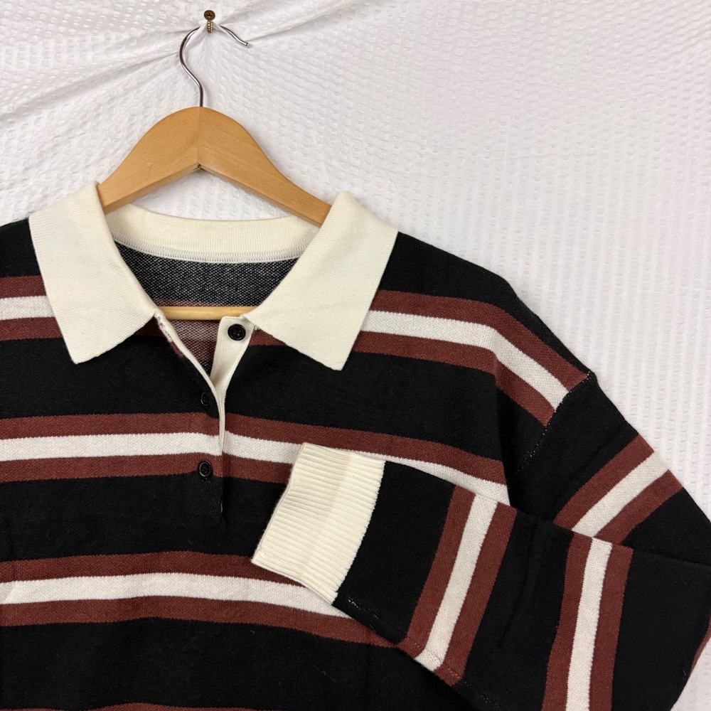 Tankaneo Women Black Brown Striped Long Sleeve Polo Knit Sweater M7D849 Size S